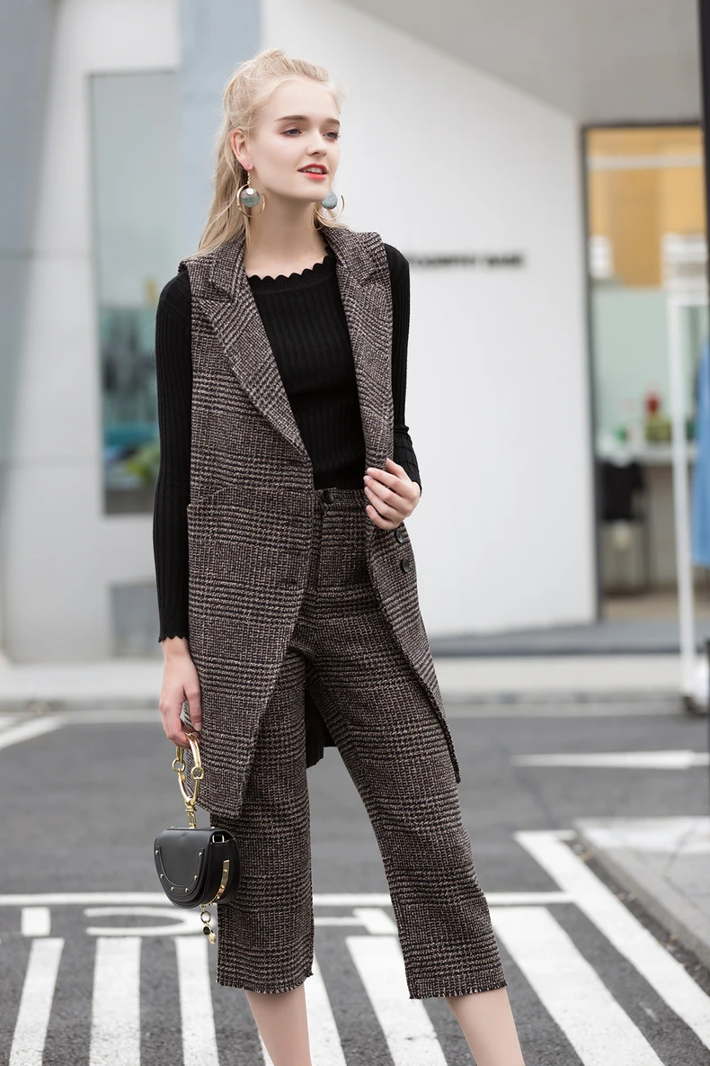 Professional suit vest suit female Woolen plaid autumn new Korean fashion temperament summer pants lattice two sets of spring