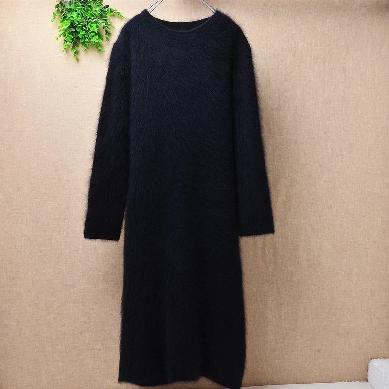 

Female winter long hair black slim fashion mink cashmere knitted o-neck long sleeves angora rabbit fur pullover sweater dress
