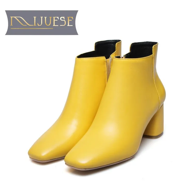 

MLJUESE 2018 women ankle boots cow leather zippers yellow color square toe autumn spring high heels women martin boots size 43