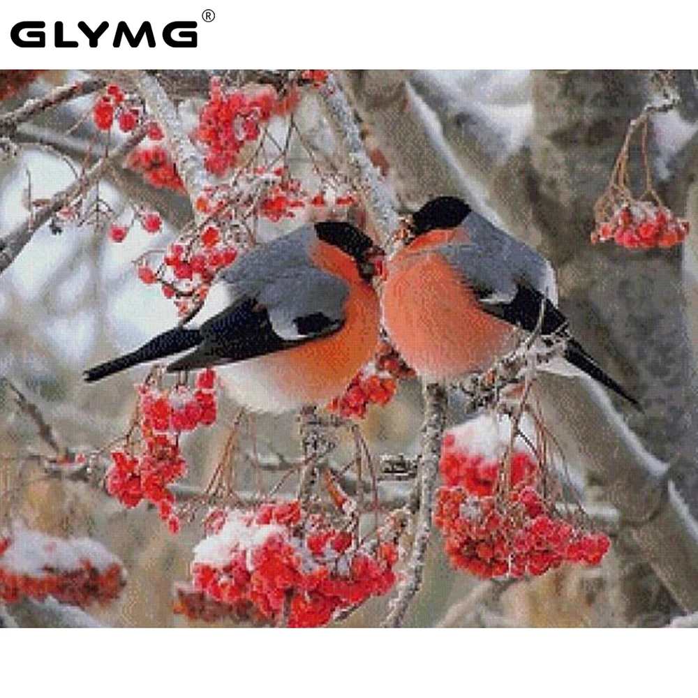GLymg Diamond Painting Diamond Embroidery Branches 2 Magpie Bird Snow Needlework Cross Stitch Animal Mosaic Picture Home Decor