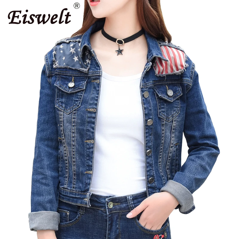 EISWELT Cropped Jean Jacket Women Blue Bomber Short Denim Jakcets
