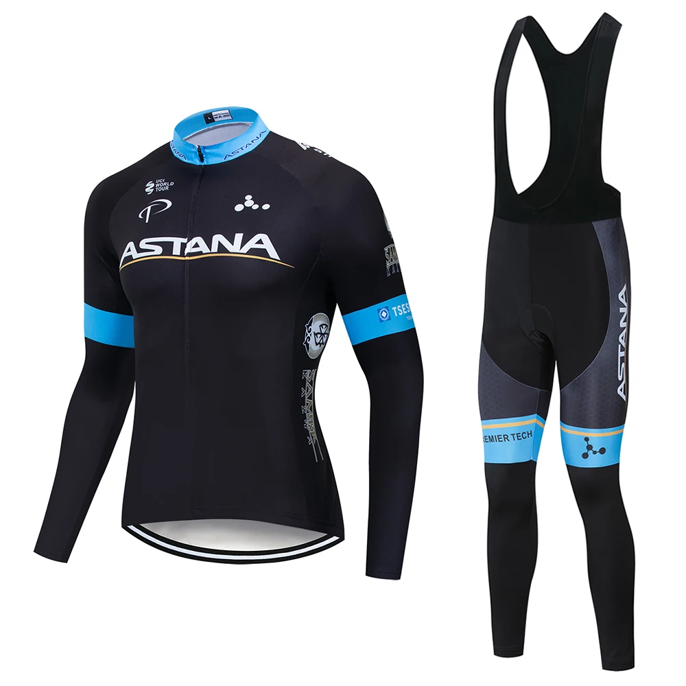 ASTANA Team long sleeve Suit Cycling jersey Set bib pants ropa ciclismo bicycle clothing bike jersey Uniform Men clothes