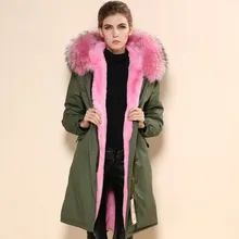 Новое поступление, популярное в Корейском стиле, длинное Фирменное пальто с натуральным изображением зеленого меха