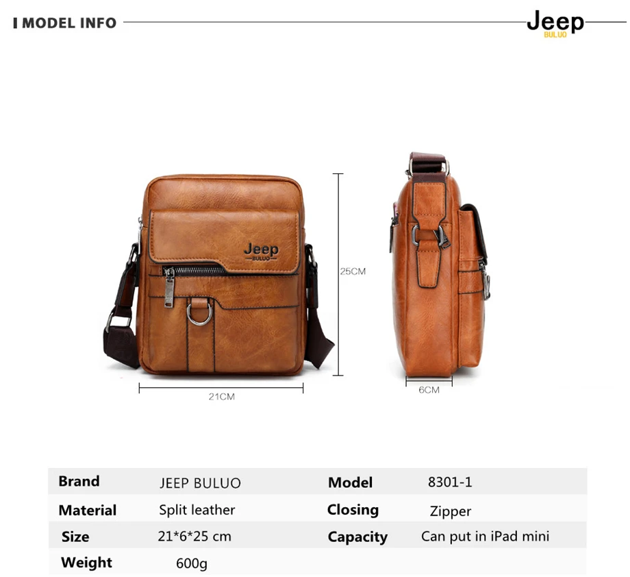 JEEP BULUO Luxury Men Messenger Bags Crossbody Leather