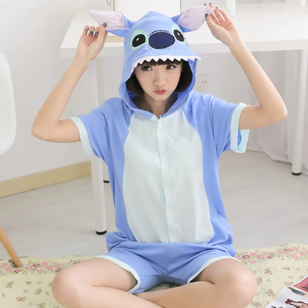 Весенне-летние пижамы с коротким рукавом в виде животных унисекс пижамы для костюмированной игры с героями мультфильмов для взрослых хлопковые пижамы с капюшоном для мужчин и женщин - Цвет: Blue Stitch