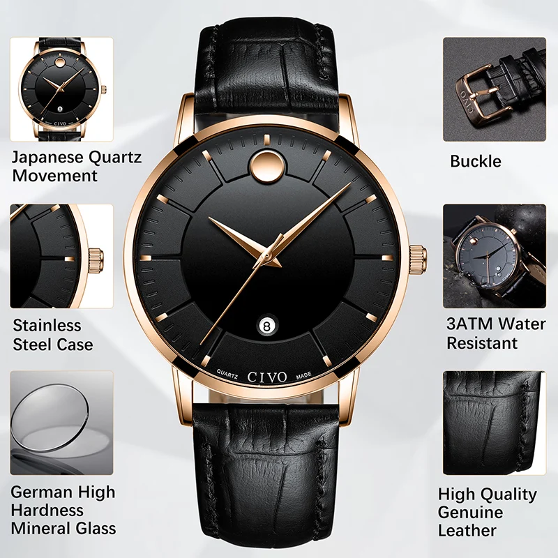 CIVO Mens Watches Top Brand Luxury Waterproof Date Calendar Genuine Leather Quartz Wrist Watches For Men Clock Relogio Masculino
