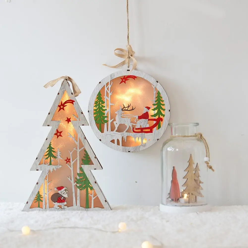

Wooden Glowing Luminous Christmas Tree Lights Decor Christmas Tree Elk Five-Pointed Star Snowman Pattern Ornament Christmas Gift