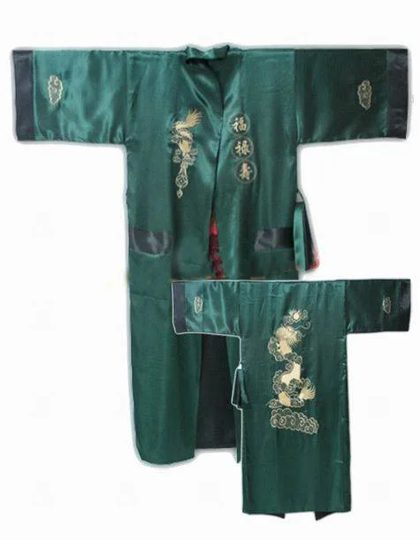Двусторонний бордовый черный китайский Мужской Шелковый Атласный халат двухсторонняя ночная рубашка Вышивка Дракон кимоно банное платье один размер MR001 - Цвет: Green Black