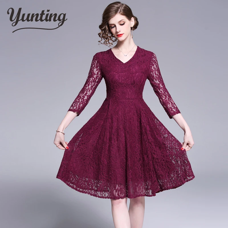 2022 Summer Beach Dress Hollow Out Elegant Lace Party Dress High Quality Women Europe Wine Red Office Dress