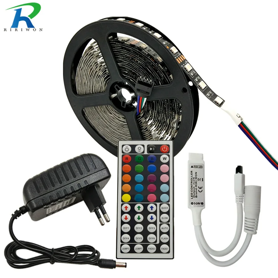 buy RGB LED Strip DC 12V SMD 5050 Rgb 5M Black Flexible Strip Tape Diode Ribbon Light String + Controller+Power adapter Decoration
