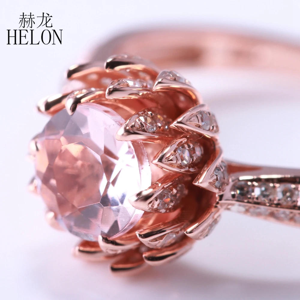 HELON, 6 мм, круглая огранка, натуральный морганит, твердый, 10 к, розовое золото, ПАВЕ, натуральные бриллианты, помолвка, свадебные украшения, цветок лотоса, кольцо