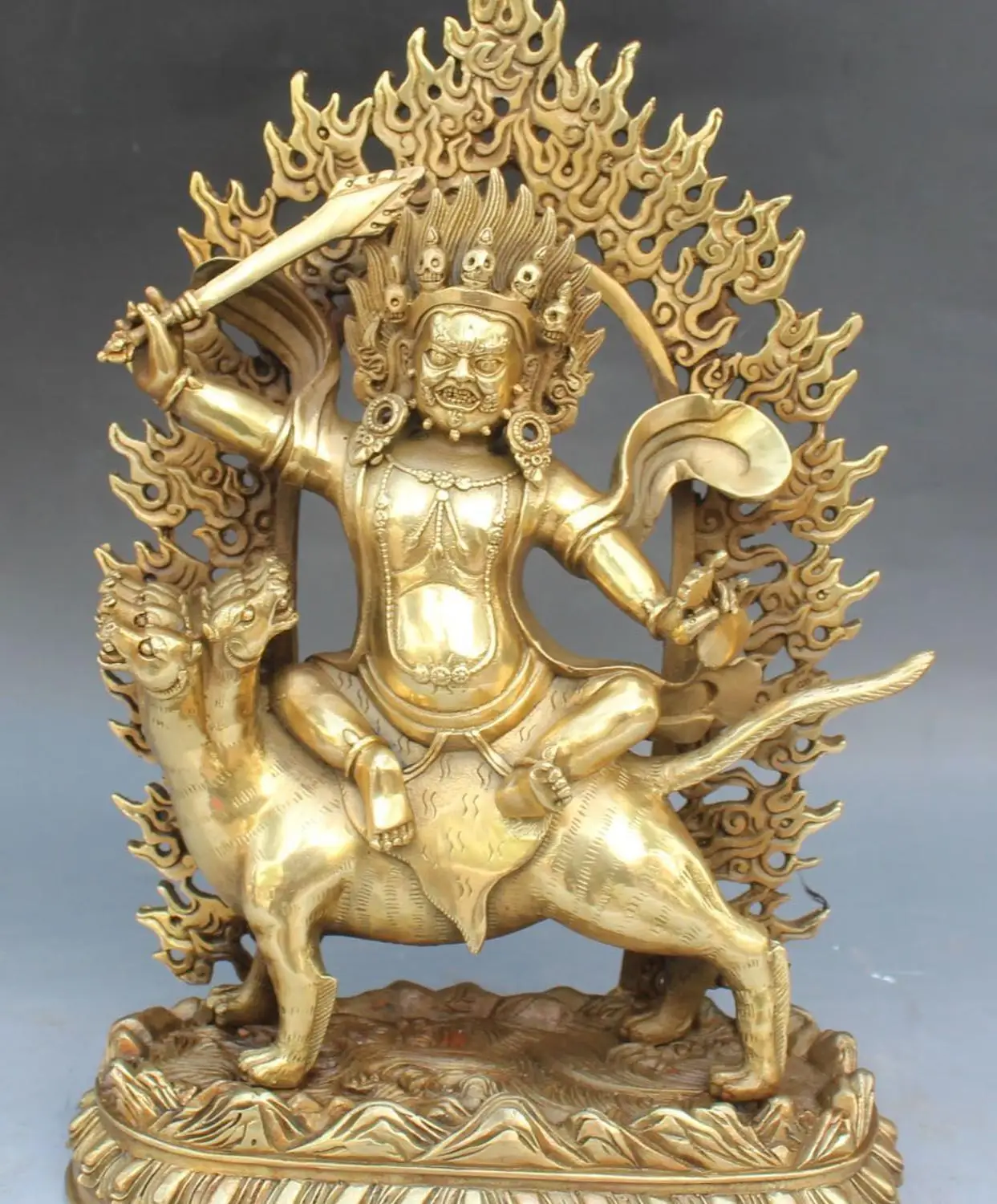 

13" Tibet Temple Brass Mahakala Wrathful Deity On Deer Hold Sowerd Buddha Statue