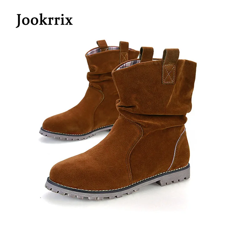 

Jookrrix Autumn Winter Fashion Western Style Lady Boot Black Shoe Women Warm Ankle Silp On Flats Booties Camel Flock Big Size