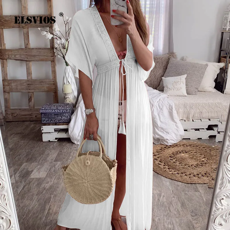 

ELSVIOS Bohemian Cardigans Women Open Stitch Holiday Beach Dress Lace Cover Ups half sleeve Long Style lace up summer maxi dress