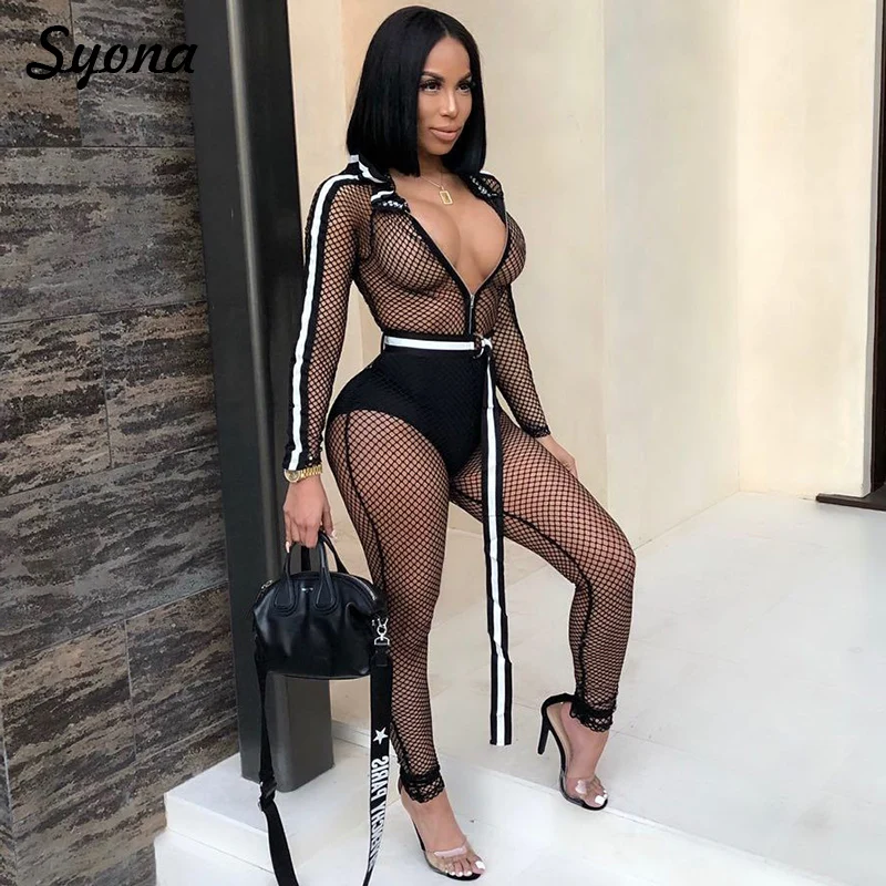 

Sexy Women Sheer Fish Net JUMPSUIT Hoodie Club Belt ROMPER Striped Hollow Out See Through Erotic Overalls For Women Nightclub