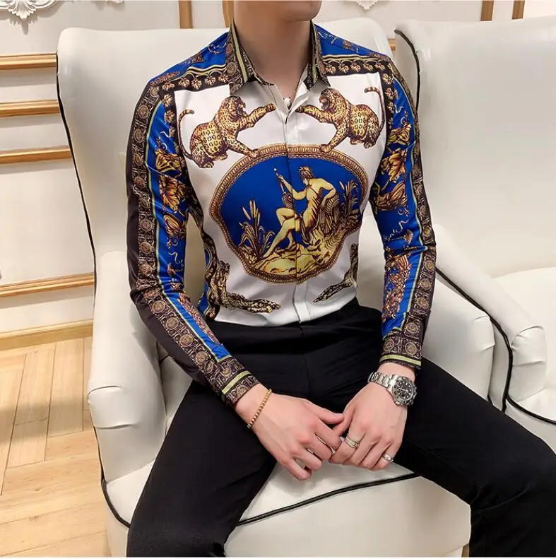 Print Shirts New Baroque Slim Fit punk style Party Club Shirt Men Camisa Homem Male Long Sleeve Shirt Oversize S-4XL