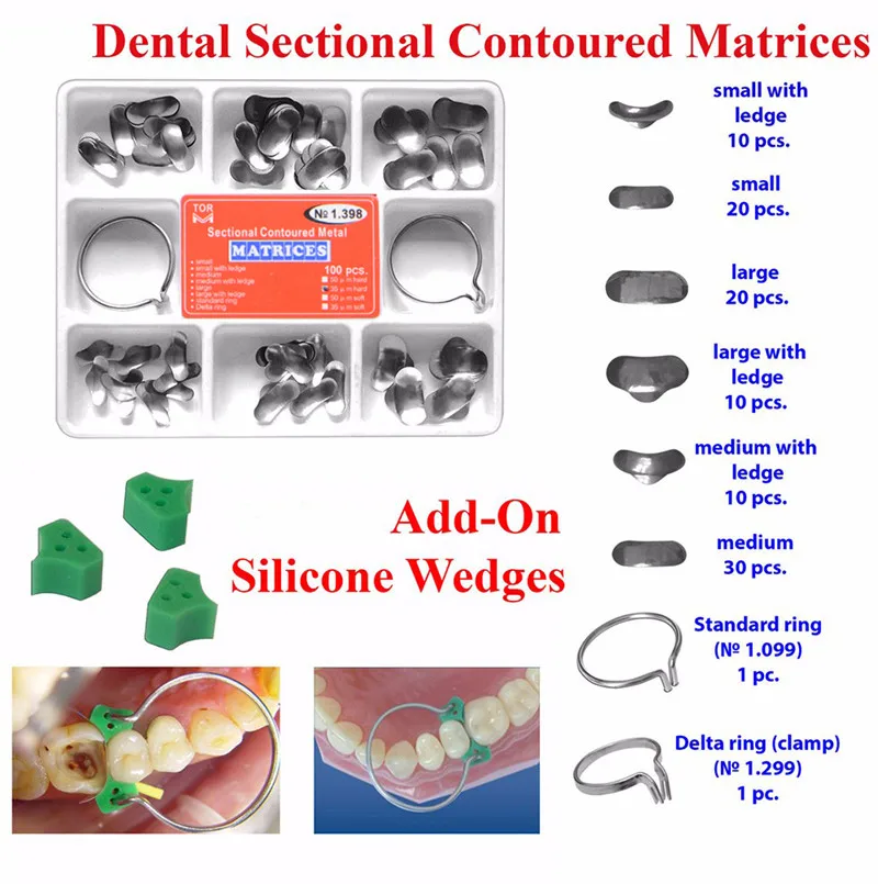 100 шт. стоматологический комплект матриц, секционные Контурные металлические матрицы, плоскогубцы, матричный ремешок, формовочный зажим, силиконовые дополнительные клинья, резина, стоматолог