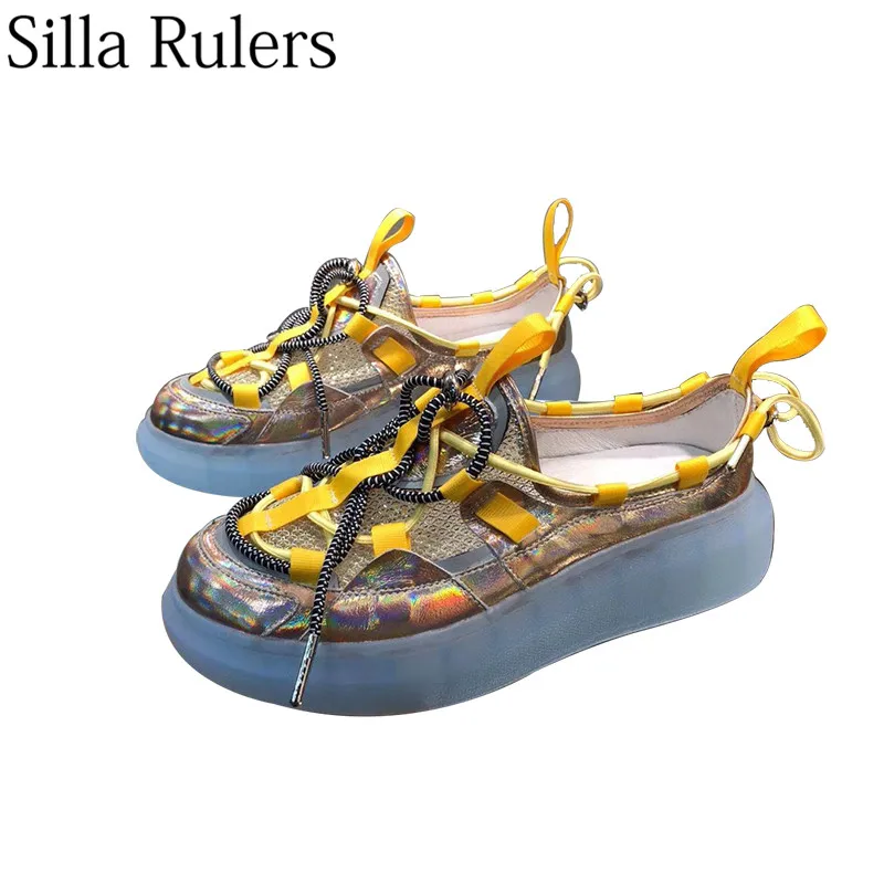 

2019 runway thick bottom height Increasing shoes cross shoelace gold wire mesh women casual shoes slip on women summer shoes