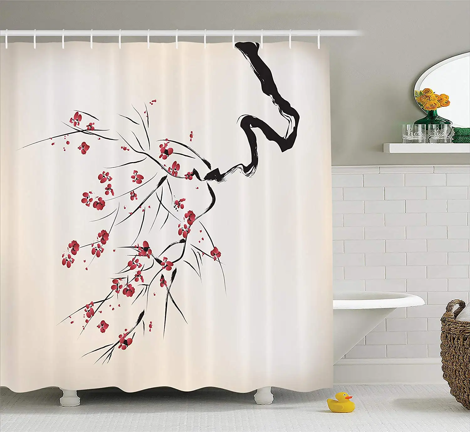 Asian Decor Collection Ink Style Blossom Stylized Shower Curtain Upside