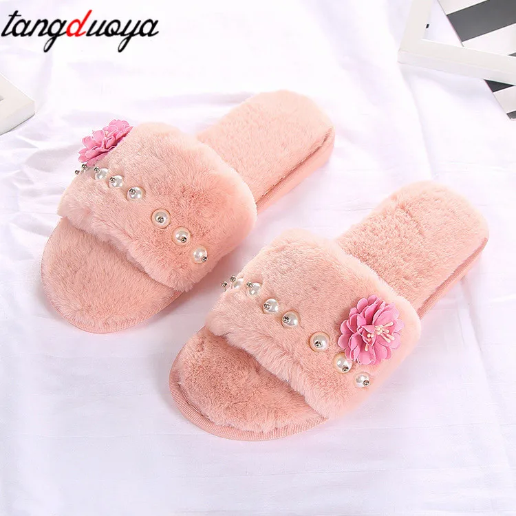 

flower slippers for woman shoes spring flat women shoes pearl slippers home women indoor shoes plush chanclas de mujer