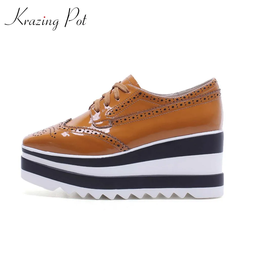 

Krazing hot sale square toe increasing cow patent leather platform causal shoes wedges runway preppy style women pumps l6f6