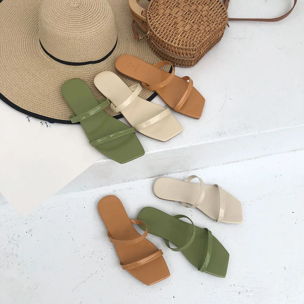 

Female Summer 2019 Flat Slippers Mules Leather Rubber Low Modis Slides Sandal Cozy Brief New Babouche Slipon Korean Lady