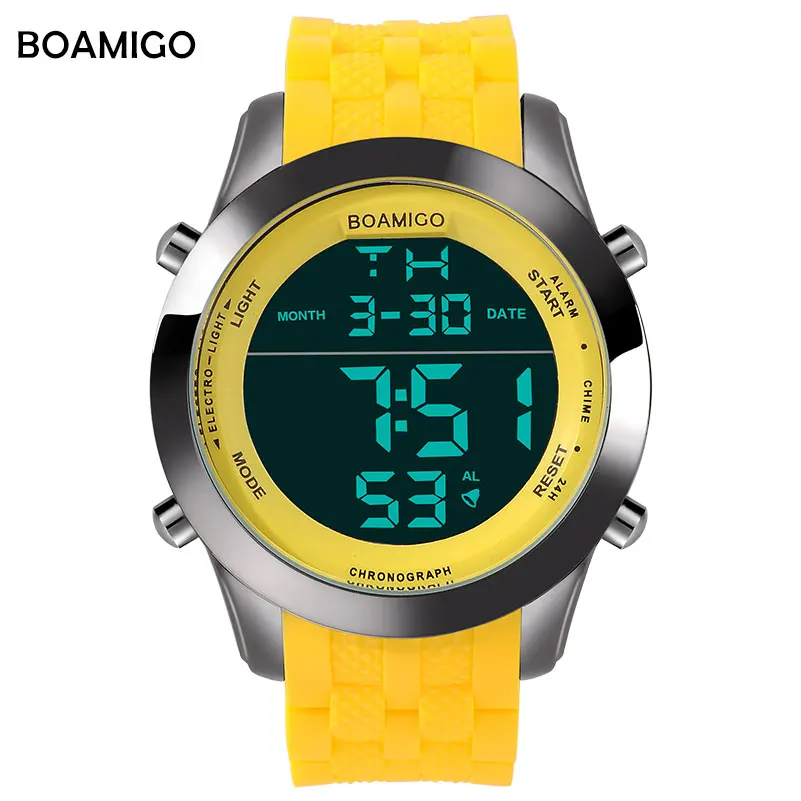 

men sports watches men digital watches LED display rubber band watch BOAMIGO brand yellow male clock 30M waterproof wristwatches