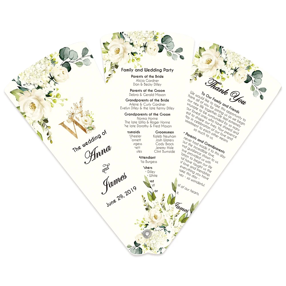 50pcs Wedding Program Petal Fans Assembled Single page Customized