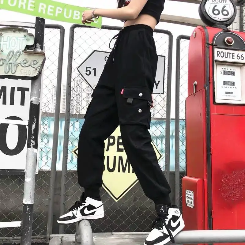 

Spring Women BLACK Army Cargo Pants Unisex Hip Hop Sashes Trousers BF Harajuku Joggers High waist overalls loose casual Pants