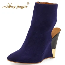 Зимние женские ботильоны из овечьей замши, фиолетового, синего и черного цветов, с острым носком, на танкетке, женские вечерние ботинки, Zapatos Botas Mujer