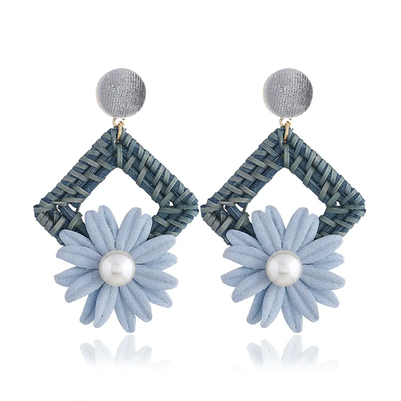 

Handmade Geometric Earrings For Women Straw Weave Vintage Rattan Wedding Party Simulated Pearl Flower Dangle Jewelry Earrings