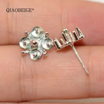 

QIAOBEIGE Diy accessories 925 silver gold earrings with 4 small beads blank parts exquisite Pearl handmade trendy product