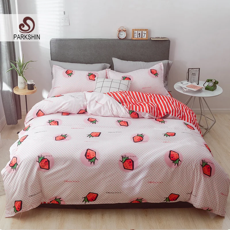 

ParkShin Cartoon Strawberry Bedding Set Pink Underwear Bed Sheet Double Adult Bed Cover Set 3/4pcs Pillowcases Home Textiles Set