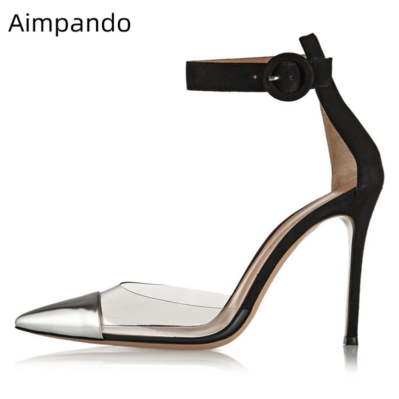 

Genuine Leather PVC Patchwork Sandals Women Stiletto Heel Pointed Toe Cover Heel Ankle Strap Transparent Summer Shoes Woman