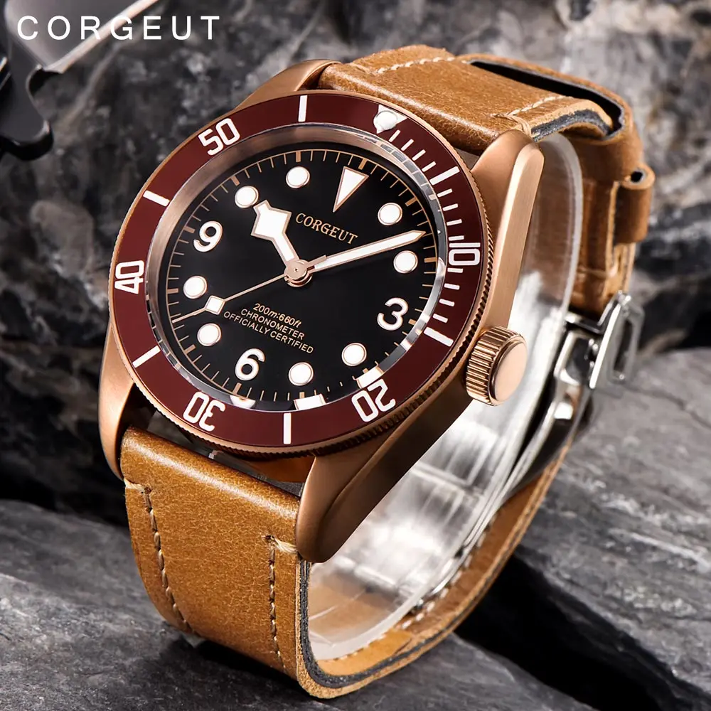 

Corgeut Luxury Top Brand Men Automatic Mechanical Watch sapphire glass PVD Case Military Sport Swim Clock Leather Wrist Watches