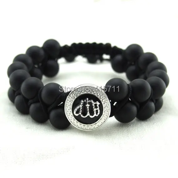 AB 002 Double Matte Onyx Bracelet,Rhinestone Allah Muslim Islam