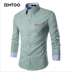 Zemtoo Для мужчин рубашка социальной новый модный бренд Для мужчин одежда Slim Fit Для мужчин рубашка с длинными рукавами Для мужчин плед хлопок