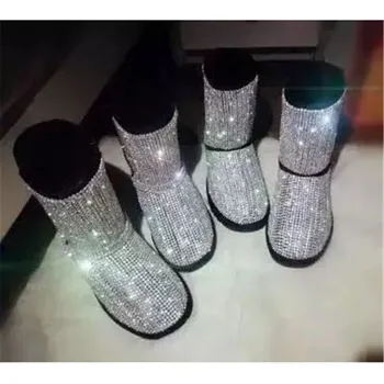 

EMMA KING Luxury Bling Bling Warm Winter Snow Boots Women Round Toe Slip-On Flat With Mid Calf Boots Ladies Casual Dress Boots