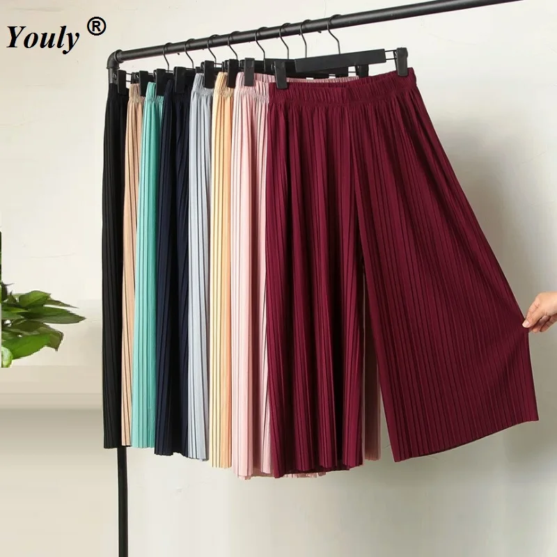 

Women Ladies Pleated Wide Leg Pants 2019 Summer Casual Loose Solid Chiffon Trousers Stretch Waist Boho Pants OL Pantalon Capris