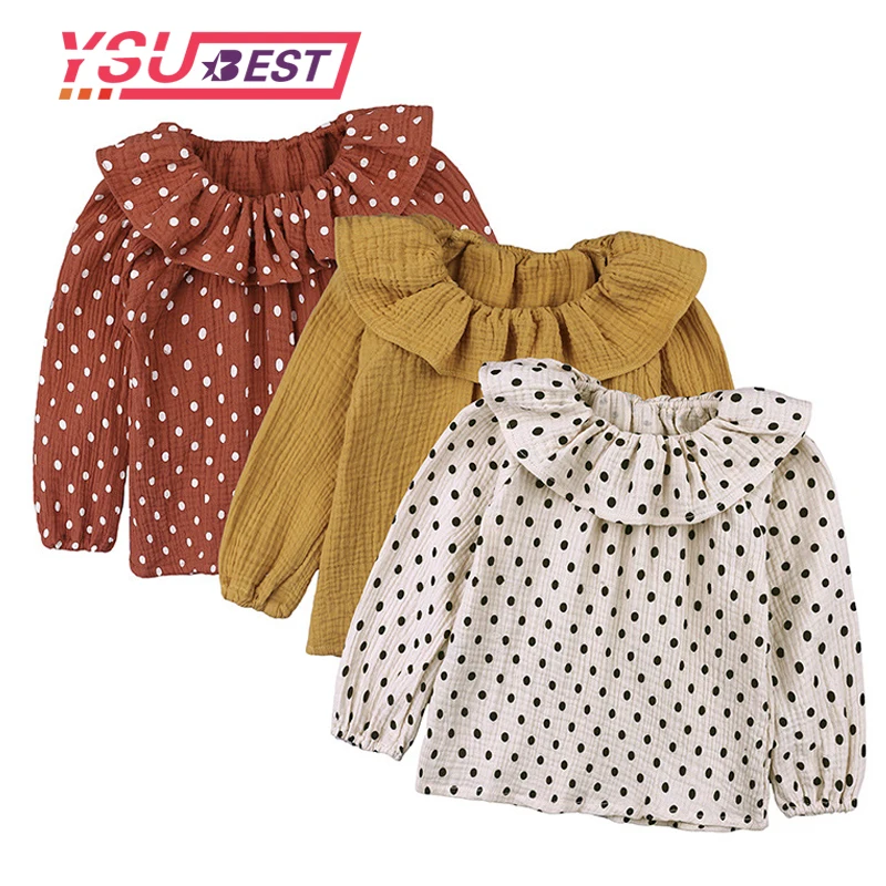 2018 Ruffle Sleeves Cotton Dot Top T-shirt Baby Girl Solid Long Sleeve T Shirt Kids O-neck Toddler Shirts Autumn Girls T Shirts