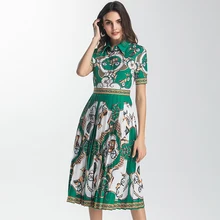 Новое летнее милое Складчатое Платье с принтом высокого качества, модное платье с коротким рукавом и отложным воротником длиной до колена зауженное зеленое платье