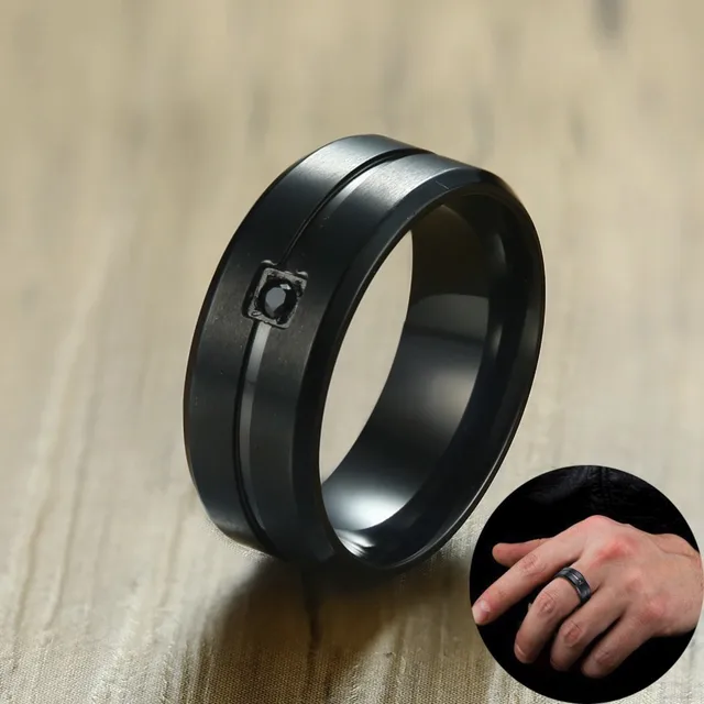 8MM Black Wedding Band Plated Stainless Steel and Square Bezel CZ Grooved Inlay 8MM Black Wedding Band Plated Stainless Steel and Square Bezel CZ Grooved Inlay
