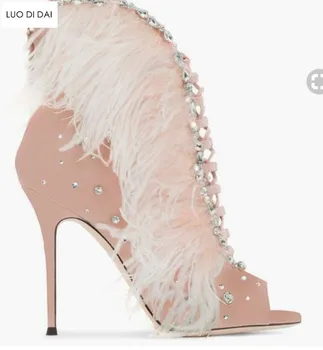 

2019 New sexy ladies peep toe boots gladiator sandals summer boots lace up pink booties diamond stud botas feather boots women