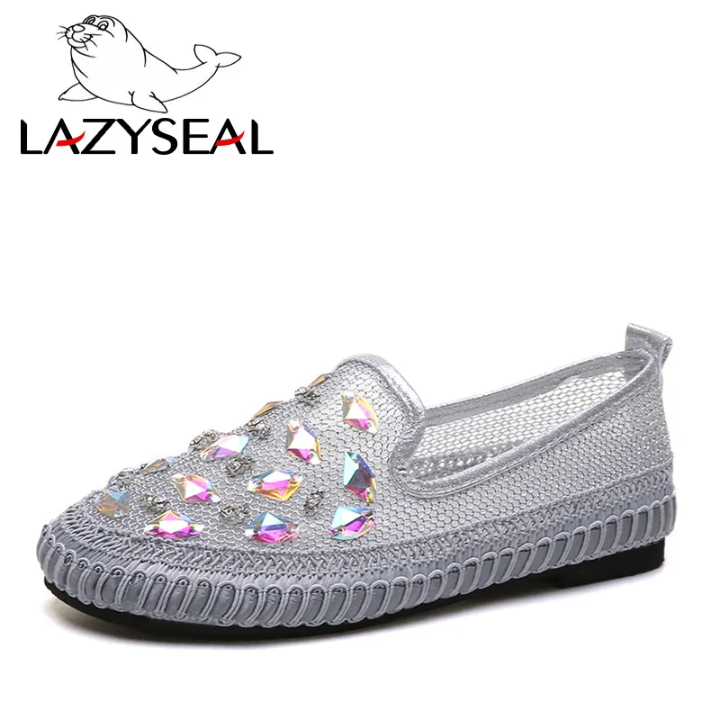 LazySeal; повседневные женские туфли без задника из сетчатого материала на плоской подошве; женские Вьетнамки; женские дышащие шлепанцы с кристаллами; Baotou Mujer Zapatos - Цвет: Silver1
