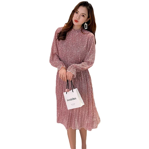 Elegant Stand Collar Floral Print Women Dress Full Sleeve Elastic Slim Waist Chiffon Autumn A-line female Dress Elegant Stand Collar Floral Print Women Dress Full Sleeve Elastic Slim Waist Chiffon Autumn A-line female Dress