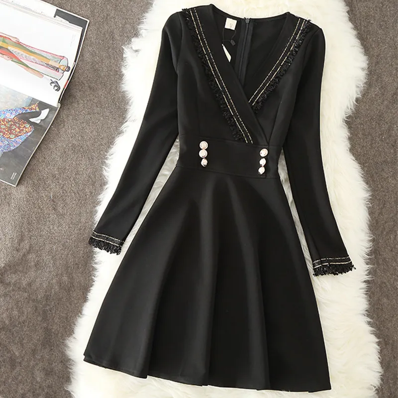 Vestidos новое осенне-зимнее платье Элегантное Черное короткое приталенное платье с v-образным вырезом и длинным рукавом для выпускного вечера повседневное весеннее платье