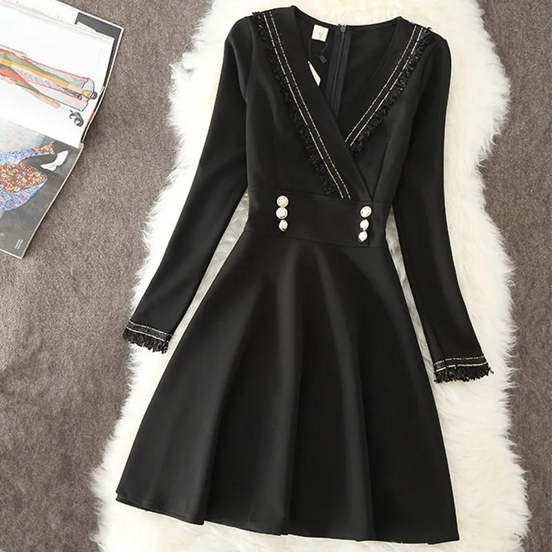 Vestidos 2018 новое осенне зимнее платье Элегантное Черное короткое приталенное с v