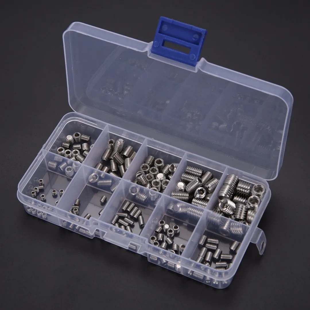 200pcs Stainless Steel Allen Head Socket Hex Set Screw Grub Screws Cup Point Assortment Kit With Plastic Case