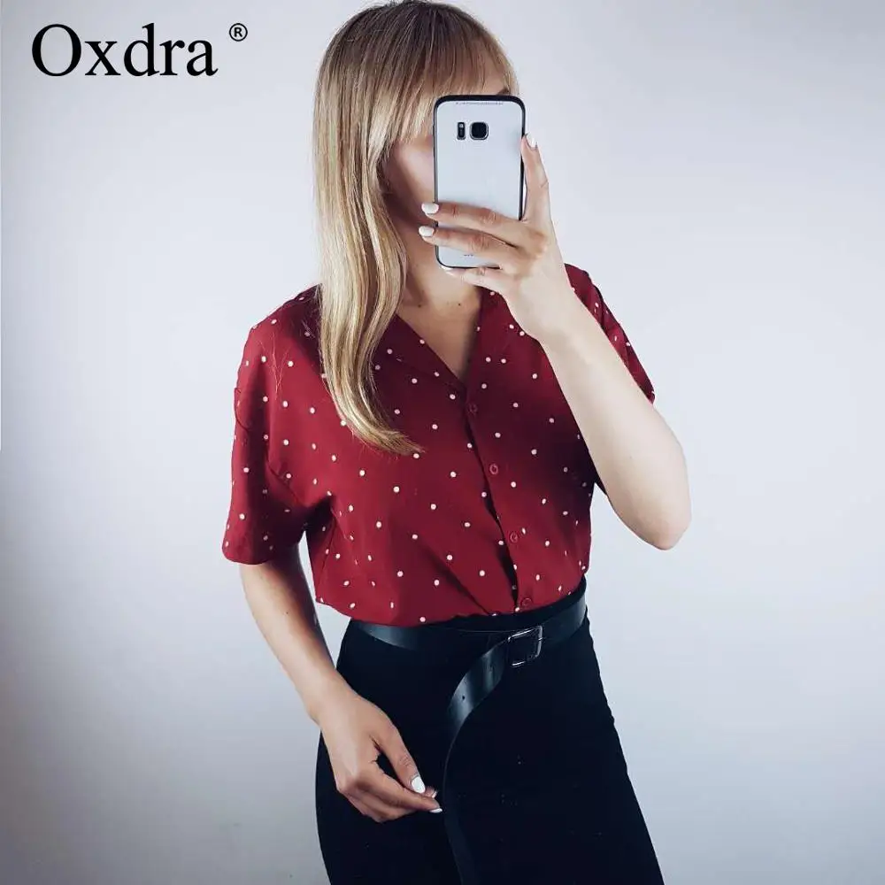 

Oxdra Vintage Short Sleeve Loose Polka Dot Blouse Spring Autumn Turn Down Collar Tops Blouses Streetwear For Women 2019 Hot