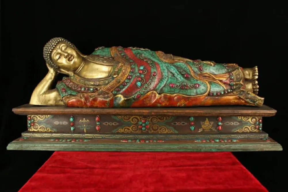 

Long 55CM!!! Tibet handmade pure copper inlaid turquoise Sakyamuni sculpture Big Size Sleeping buddha statue with good wood base